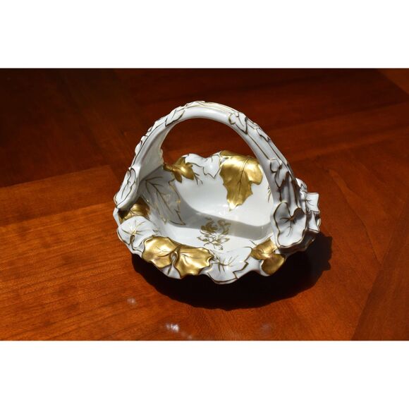 Von Schierholz German Porcelain Basket Gold Gilded Leaves Handmalerei Rose - Picture 2 of 6